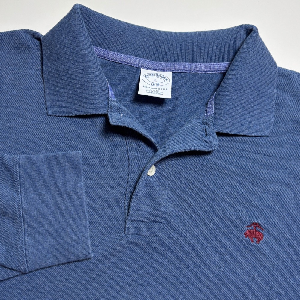 Brooks Brothers Slim Fit Performance Polo Mens L Blue Cotton Pique Long Sleeve